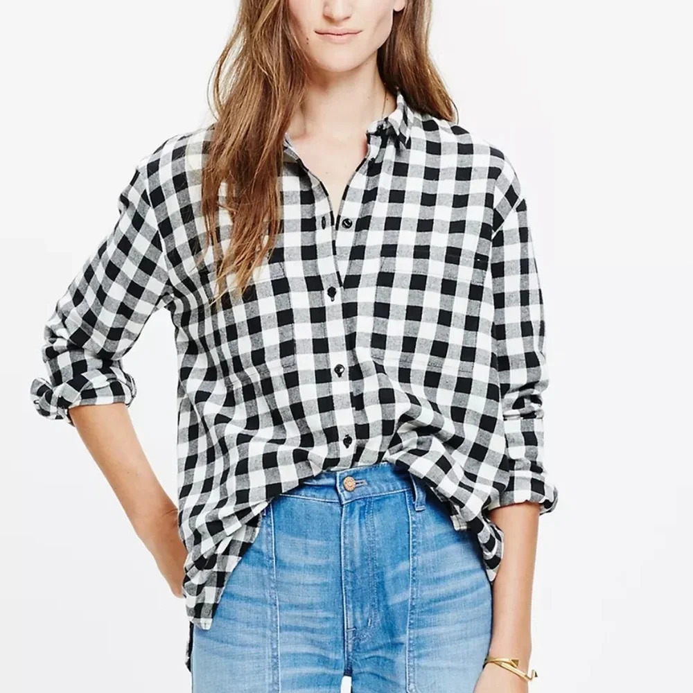 Madewell Flannel Oversized Boyshirt in Black White Buffalo Check Small Womenโs